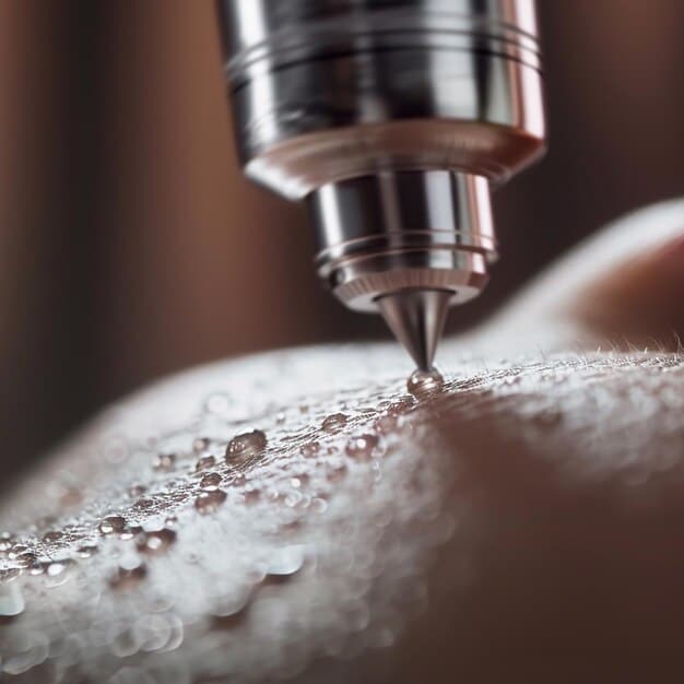 Close-up of a patient undergoing microneedling treatment, with a dermatologist's gloved hand holding the derma-pen device gently touching the skin, showing the tiny needles.