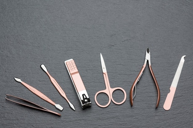 A neatly arranged set of manicure tools on a clean white surface, including nail clippers, files, a cuticle pusher, and a small brush, with soft daylight illuminating the scene.