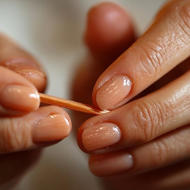 A person's hands are gently pushing back cuticles with a wooden orange stick after applying cuticle oil, focusing on detail and care during a home pedicure.