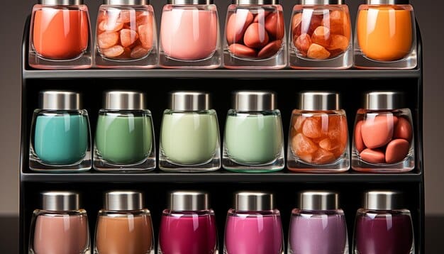 A stylish, organized vanity with several diverse perfume bottles (different shapes, colors) arranged aesthetically, implying a curated collection. There's a small fresh flower and a classic watch nearby.