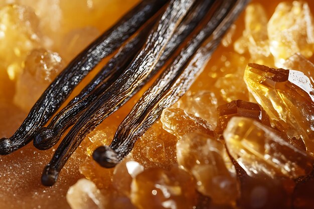 A close-up of amber resin and vanilla beans, with soft light, evoking warmth and richness.
