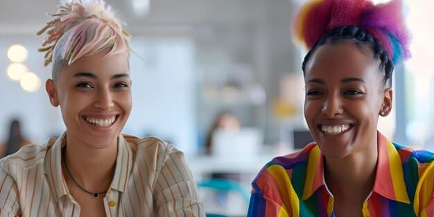 A diverse group of people, gender-fluid, smiling and interacting in a modern, minimalist setting, embodying individuality and inclusivity.
