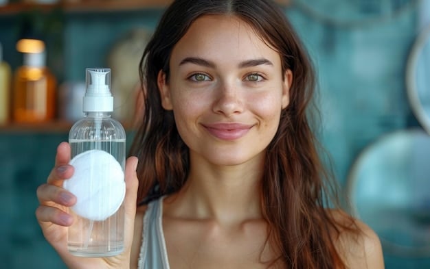 A person holding a small, clear bottle of hydrating facial mist, spraying it delicately onto their face, showing dewy skin.