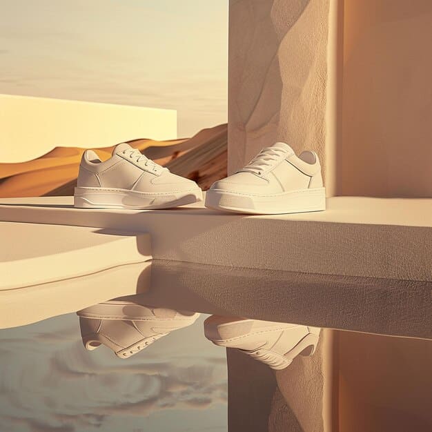 A pair of sleek, performance-inspired sneakers with a minimalist design, focusing on the sophisticated midsole cushioning and breathable upper material, set against an urban backdrop.