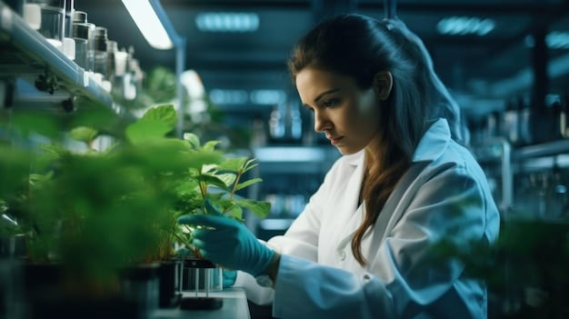 Scientist in a lab coat examining a sustainable textile under a microscope, surrounded by beakers and advanced scientific equipment, symbolizing innovation in eco-friendly material development.