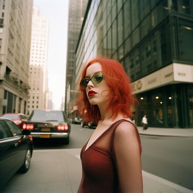 A young woman with a sleek bob haircut, wearing oversized, stylish retro sunglasses with a subtle tint, walking confidently in a sunny urban environment.