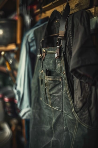 A detailed shot of denim overalls with large, functional pockets and reinforced stitching, set against a workshop or industrial background.