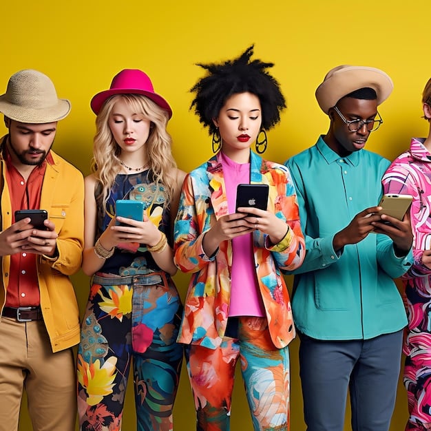 A collage of diverse US consumers interacting with fashion content on various digital devices (smartphone, tablet, laptop), showing how social media platforms and fashion apps are democratizing trend adoption.