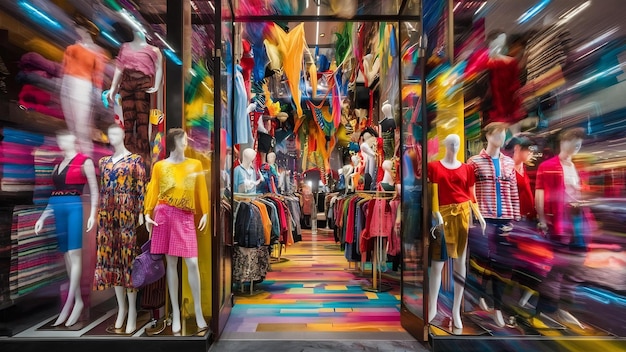 A bustling vintage clothing store with racks of colorful Y2K-era garments, shoppers browsing, and a vibrant, energetic atmosphere.