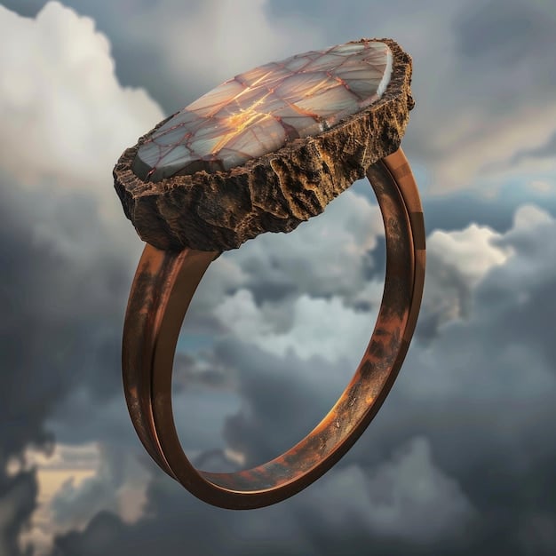 A detailed shot of a custom-made ring featuring an irregular-shaped natural stone set in an organically twisted silver band, with a soft, diffused light, highlighting its unique craftsmanship.