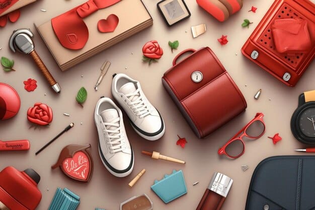 A detailed flat lay of various personalized fashion accessories: custom-designed sneakers, a handbag with interchangeable straps, and uniquely engraved jewelry, showcasing intricate details and individual creativity.