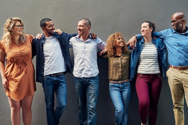 A diverse group of people of various ages and body types, fashionably dressed in loose-fitting, comfortable clothing, laughing and socializing in an urban park, emphasizing comfortcore's inclusivity.