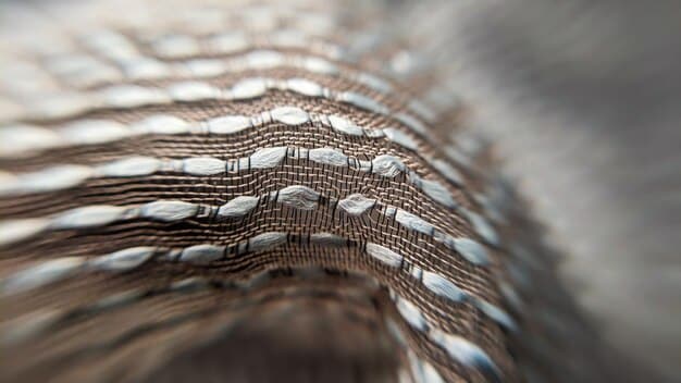 A detailed close-up shot of an innovative textile, showcasing its soft texture and advanced weaving patterns, with subtle hints of sustainable fibers or technical properties, representing material advancements.