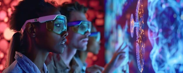 Diverse group of people interacting with virtual try-on technology in a futuristic setting, vibrant digital clothing overlays their bodies, engaging and innovative