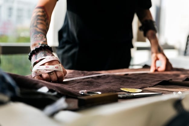 Craftsman meticulously working on a leather accessory in an urban workshop, surrounded by stylish streetwear and high fashion elements, emphasizing quality and detail
