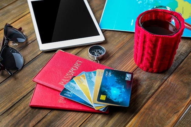 A close-up of various credit cards fanned out on a table, with travel brochures and a passport in the background, subtly suggesting choice and planning.