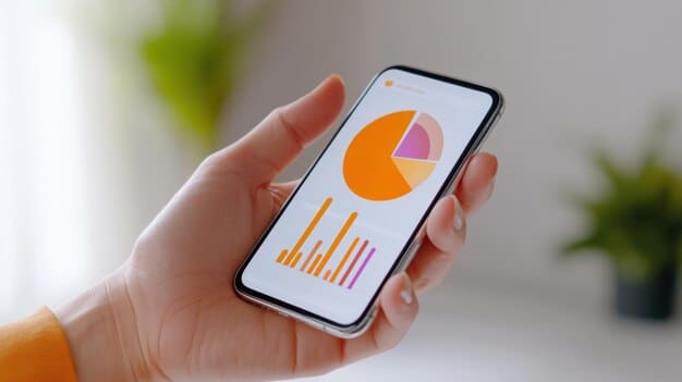 A hand holding a smartphone displaying an app with credit card benefits listed, with graphs and charts in the background suggesting financial planning.