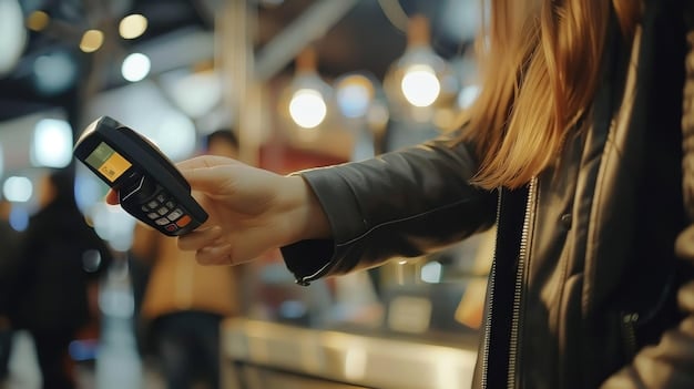 A close-up of a credit card being swiped through a payment terminal, with a blurred background of a retail store.