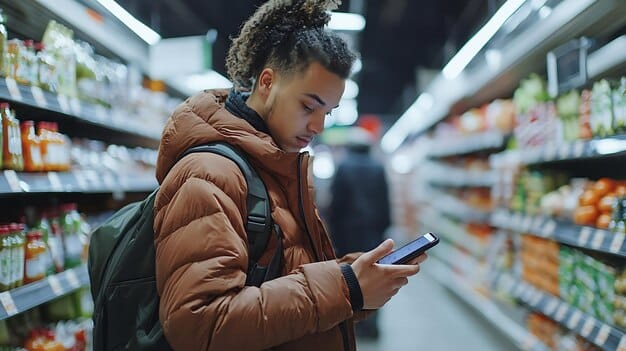A person using a smartphone to compare prices online while shopping in a retail store, with price tags visible.