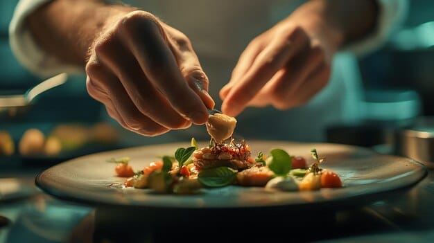 A close-up of a perfectly plated gourmet meal with a chef's hand delicately placing a garnish. The background is a soft blur of a high-end restaurant setting.