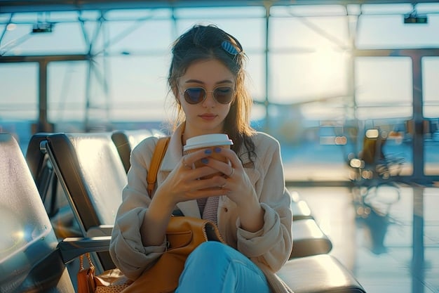 A traveler enjoying a spacious, luxurious airport lounge, with an airplane visible through a large window. A credit card is casually placed on a table next to a cup of coffee.
