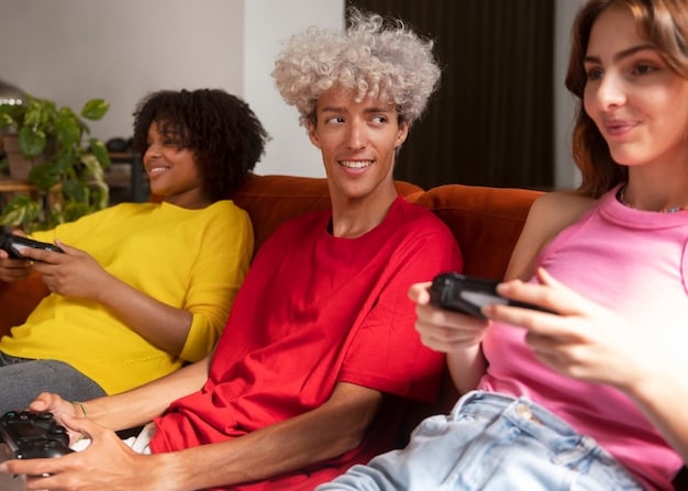 A diverse group of people (different ages, ethnicities) enjoying various streaming content on different devices (smartphone, tablet, laptop, TV), with each person having a smile of contentment, subtly showing they are benefiting from savings.