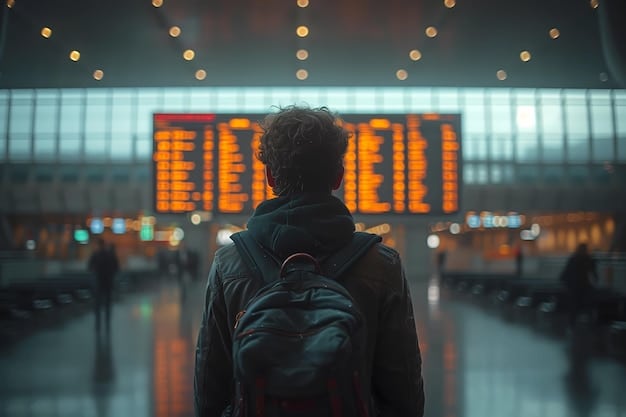 A person looking distressed at a cancelled flight display board in a modern airport terminal, with luggage scattered around.