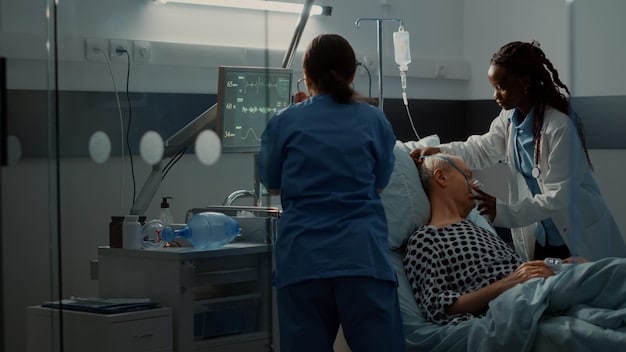A doctor in scrubs attending to a patient in a modern hospital room, with medical equipment in the background, suggesting emergency care.