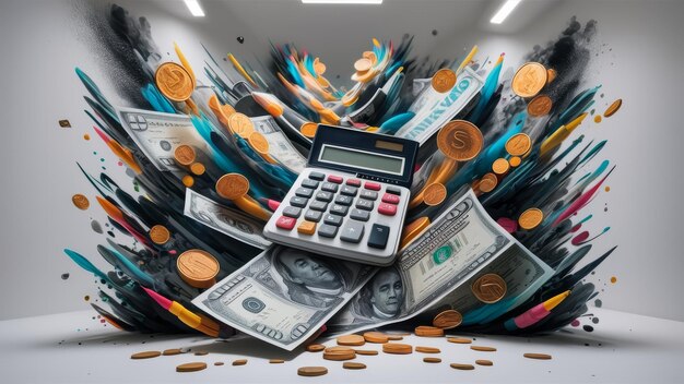 A calculator displaying figures with dollar signs and a graph trending upwards, symbolizing financial growth and savings, set against a background of scattered coins and credit cards.